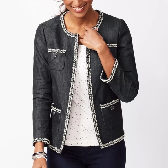 NWT Talbots Petite Tweed Fringe Denim Lined Patch Pockets Business Blazer Sz 8P - Picture 15 of 15